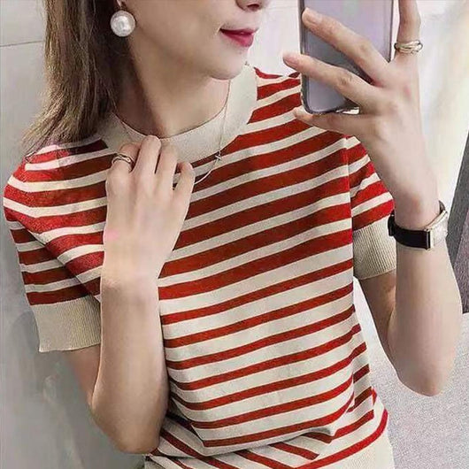 Blusa Holgada Ice Silk a Rayas con Cuello Redondo para Mujer - Image 2