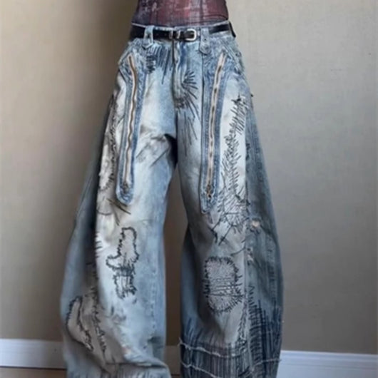 Jeans Talla Grande para Hombre con Bordado de Aguja Aleatoria y Detalles Manchados