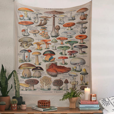 European retro mushroom tapestry with a starry night sky, crescent moon, butterflies, and various colorful fungi and plants. - Image 20