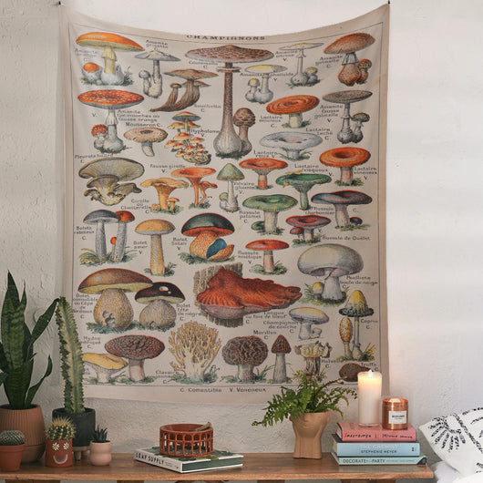 European retro mushroom tapestry with a starry night sky, crescent moon, butterflies, and various colorful fungi and plants. - Image 20