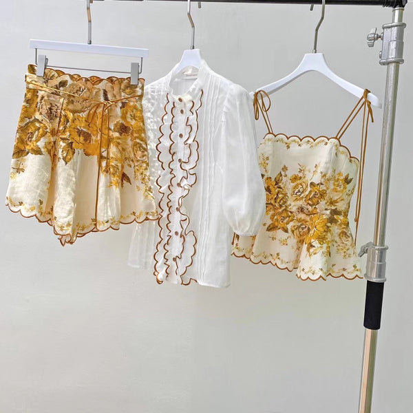 Conjunto de Blusa de Lino Ondulado y Shorts Estampados para Mujer