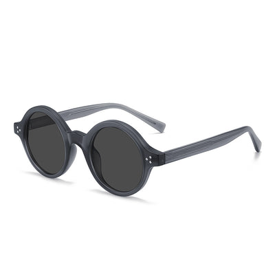European and American vintage round frame polarized sunglasses with a sand transparent TR90 CAP frame and black and grey lenses. - Image 16