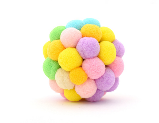 Colorful cat toy ball made of soft, pastel-colored pom-poms, including yellow, pink, purple, green, and blue. - Image 2