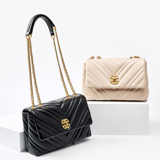 Bolso Mensajero de Cuero Vacuno con Cadena Diamante y Cierre Cuadrado - Image 2