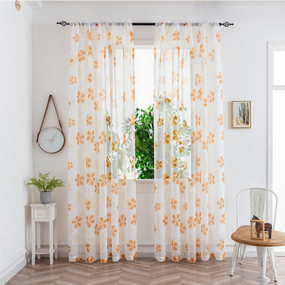 Sheer white mesh curtains with purple and light blue floral patterns, hung on a black rod in a bright room. - Image 9