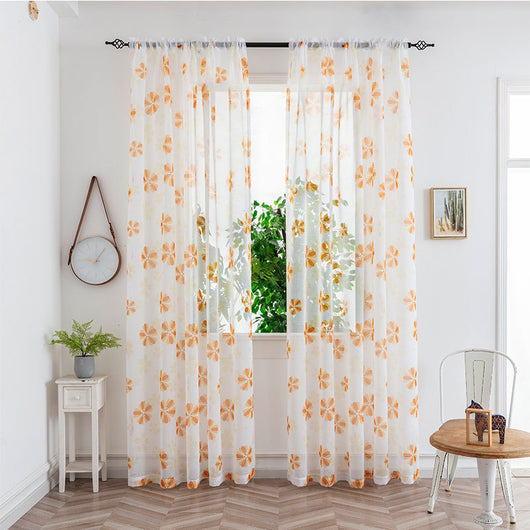 Sheer white mesh curtains with purple and light blue floral patterns, hung on a black rod in a bright room. - Image 9