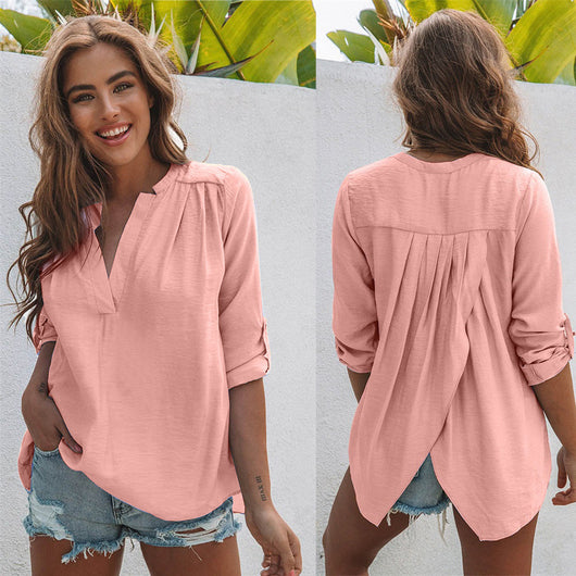 Camiseta Casual de Cuello V y Manga Larga Color Sólido - Image 18