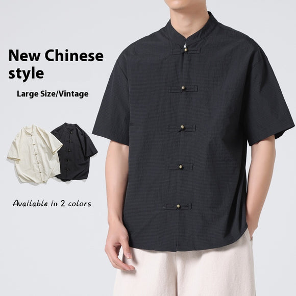 Camisa Estilo Chino con Cuello Mao Desgastado y Lavado Vintage
