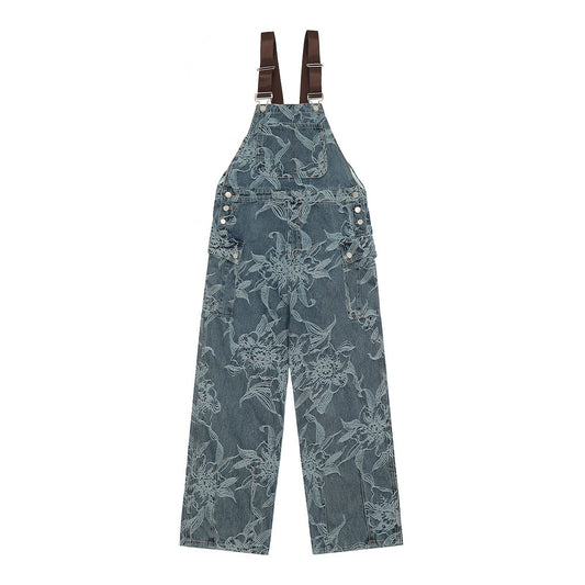 Pantalón Denim con Tirantes y Estampado Floral para Hombre