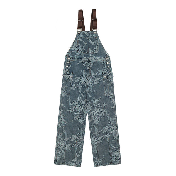 Pantalón Denim con Tirantes y Estampado Floral para Hombre