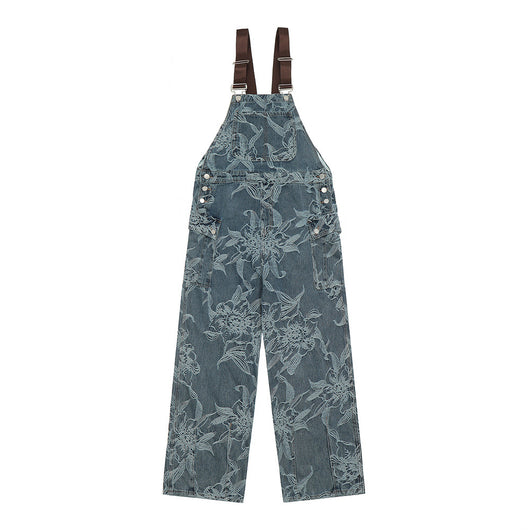 Pantalón Denim con Tirantes y Estampado Floral para Hombre