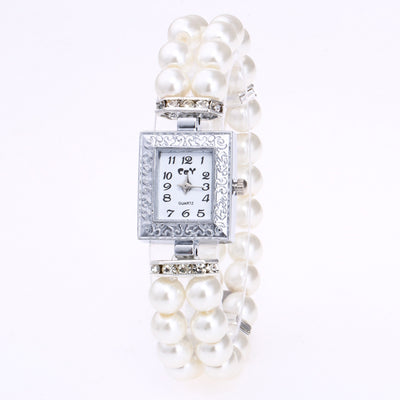 Reloj Rectangular para Mujer con Pulsera de Perlas de Vidrio Artificial - Image 5