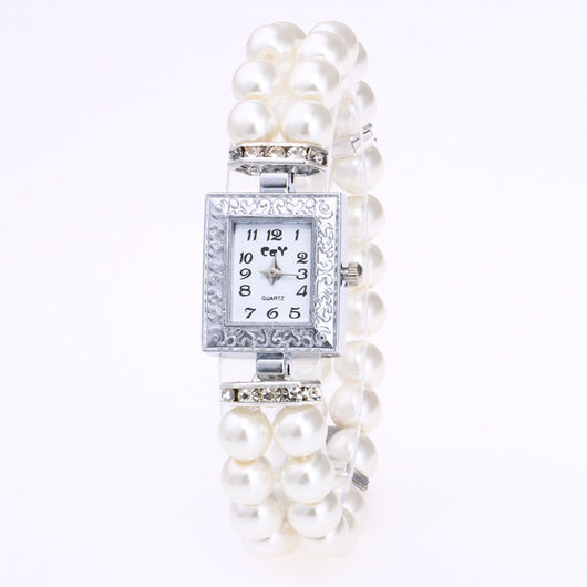 Reloj Rectangular para Mujer con Pulsera de Perlas de Vidrio Artificial - Image 5