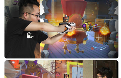 White and black AR somatosensory gamepad with a smartphone mounted, displaying an augmented reality game. - Image 8