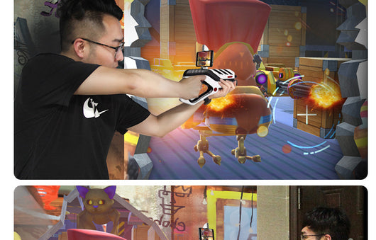 White and black AR somatosensory gamepad with a smartphone mounted, displaying an augmented reality game. - Image 8