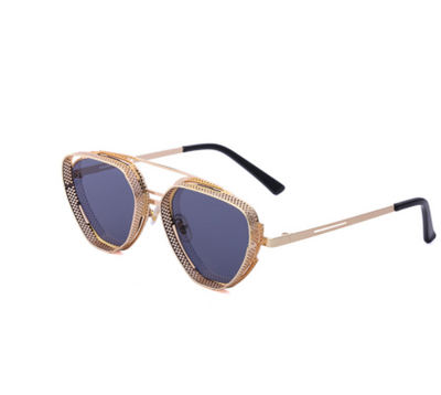 Steampunk hollow-out sunglasses for men with blue lenses, silver metal frame, and perforated side shields. - Image 6