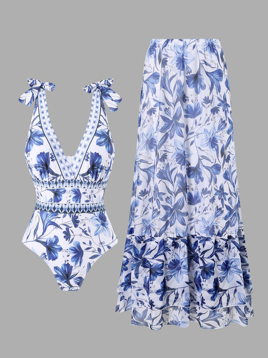White and green floral print one-piece swimsuit with tie-shoulder straps and matching long chiffon skirt. - Image 9