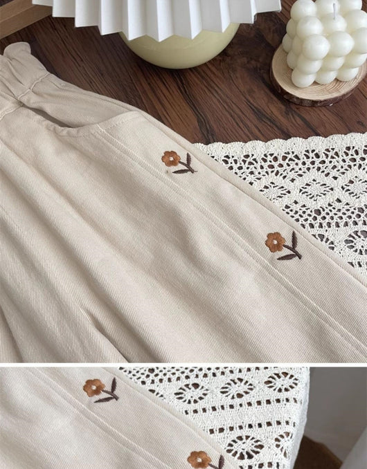 Pantalones Infantiles Cintura Alta con Bordado Floral - Estilo Occidental - Image 10