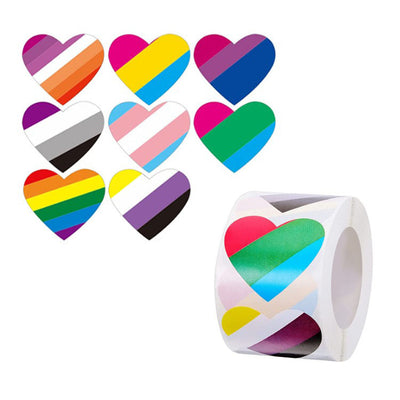 Roll of heart-shaped stickers featuring the Progress Pride flag design with rainbow and chevron stripes. - Image 20