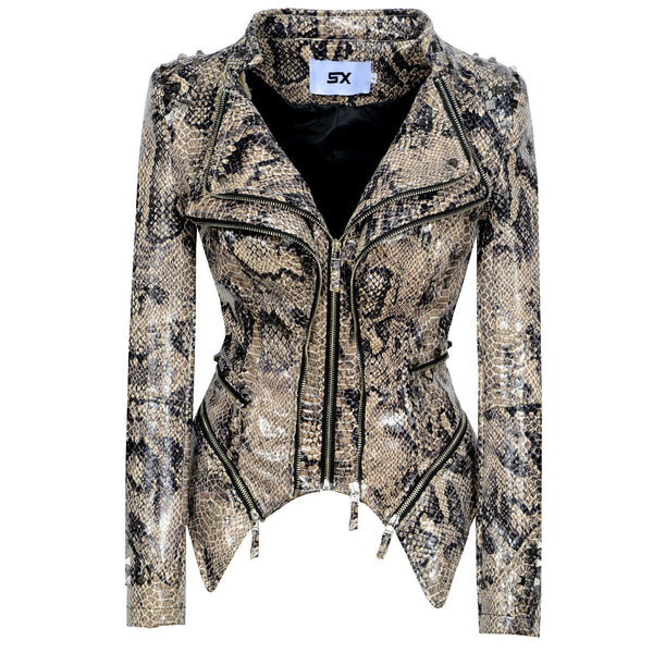 Chaqueta de Cuero Motociclista Ajustada con Remaches para Mujer