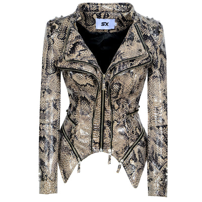 Chaqueta de Cuero Motociclista Ajustada con Remaches para Mujer