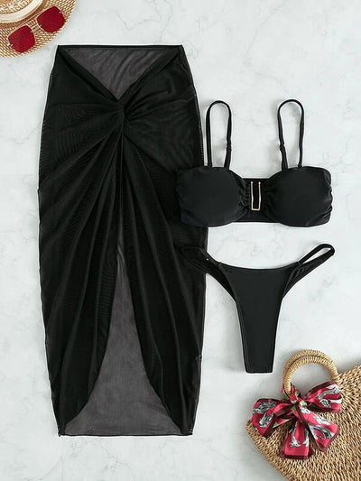 Bright green three-piece bikini set with a ruched bandeau top, matching bottoms, and a sheer knotted sarong skirt. - Image 2