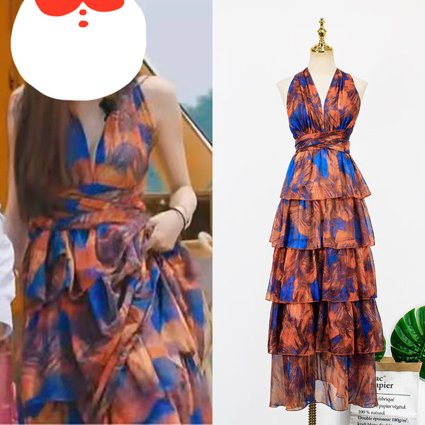 Vestido Largo Vintage con Estampado Contraste