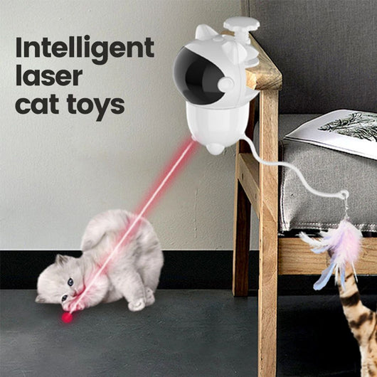 White cat-shaped intelligent laser toy with a black visor and a colorful feather wand attachment for pets. - Image 5