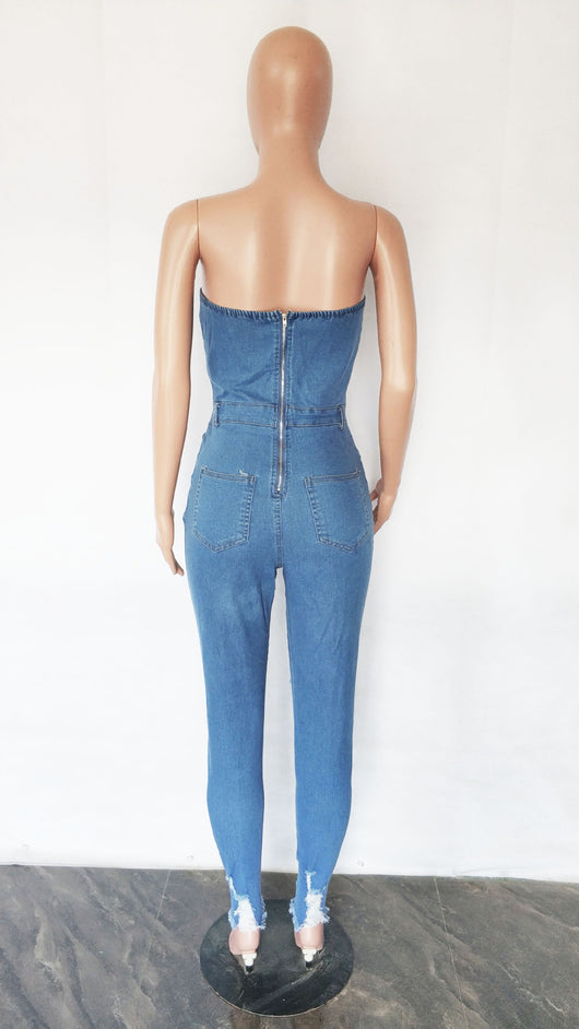Mono Enterizo Denim Slim Fit con Escote Tubo - Image 5