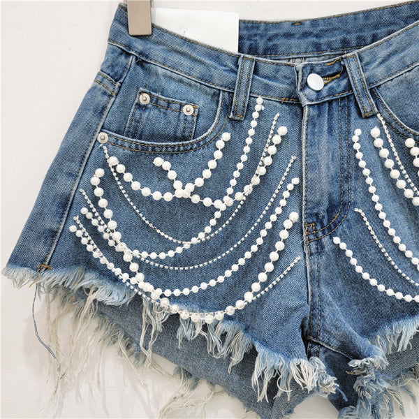 Shorts Denim Mujer Cintura Alta Efecto Reductor con Strass y Flecos