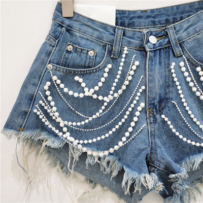 Shorts Denim Mujer Cintura Alta Efecto Reductor con Strass y Flecos - Image 2