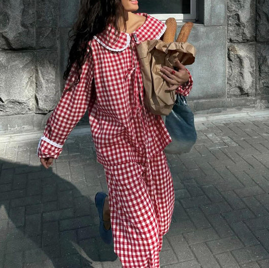 Conjunto Dos Piezas: Blusa Cuadros Suelta con Cordones y Pantalón Ancho - Image 2