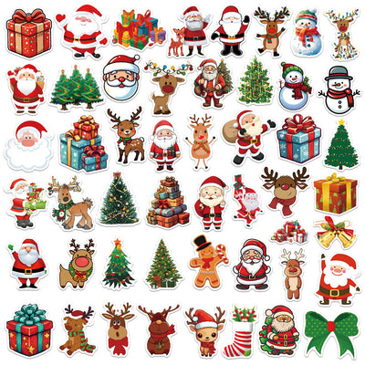 50-piece pack of cartoon Christmas waterproof stickers featuring Santa Claus, reindeer, snowmen, and gift boxes. - Image 2