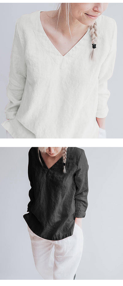 Blusa de Lino Puro Cuello V Manga Larga para Mujer - Image 18