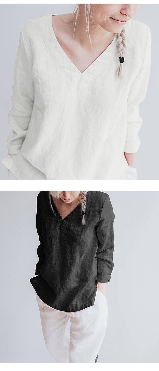 Blusa de Lino Puro Cuello V Manga Larga para Mujer - Image 18