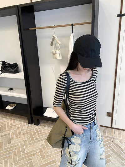 Blusa Rayada Cuello U Manga Media Elástica para Mujer - Image 12