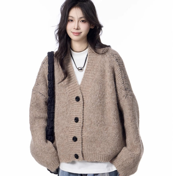 Cardigan de Punto Cuello V Mujer Estilo Relajado Suéter Holgado