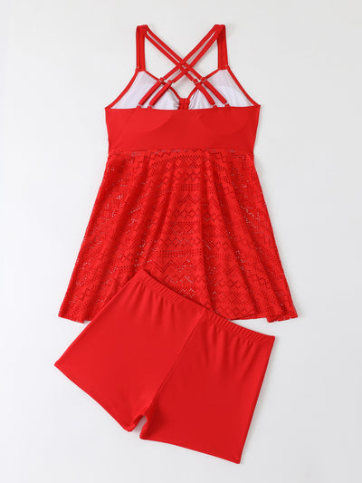 Plus size red two-piece swimsuit with a sling top and a laser-cut swim skirt, worn with a straw hat. - Image 31