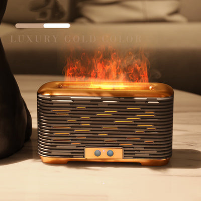 Rose gold and grey flame aroma diffuser and humidifier with horizontal slats and yellow LED lights. - Image 11