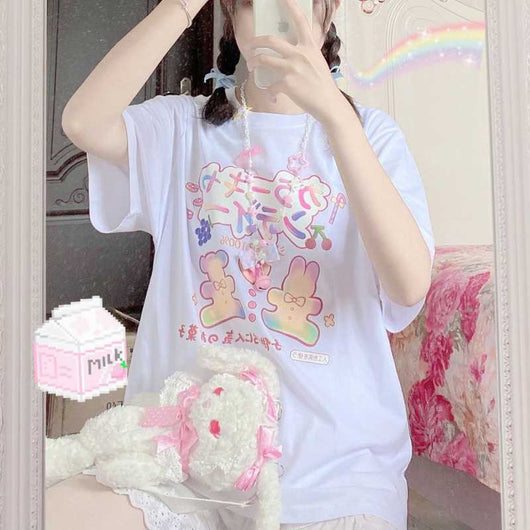 Blusa Holgada Estilo Colegiala Japonesa con Estampado Conejito Dulce para Verano - Image 10