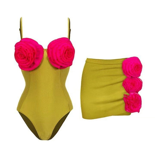 Chartreuse one-piece swimsuit with hot pink floral bust and matching mini skirt with side floral appliques. - Image 2