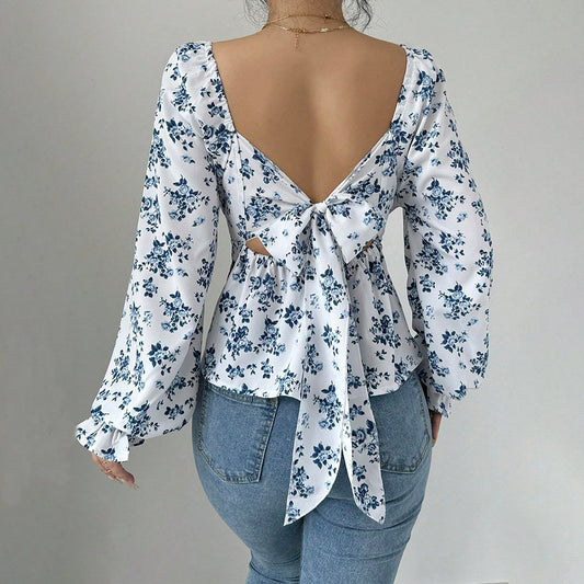 Blusa Floral de Invierno con Cuello Cuadrado y Mangas Abullonadas - Image 2