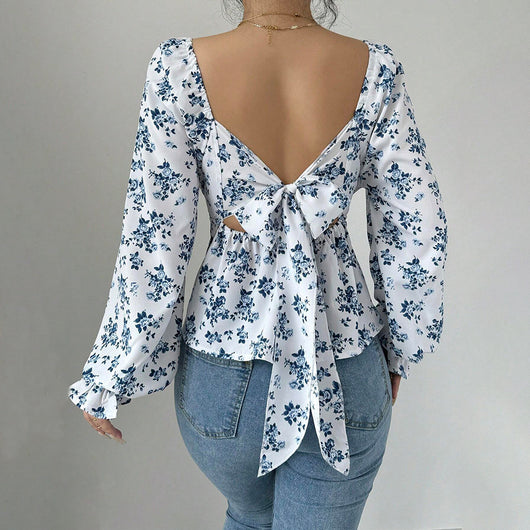 Blusa Floral de Invierno con Cuello Cuadrado y Mangas Abullonadas - Image 2