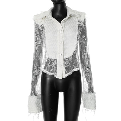 Blusa Transparente con Encaje Blanco y Costuras Decorativas - Image 15