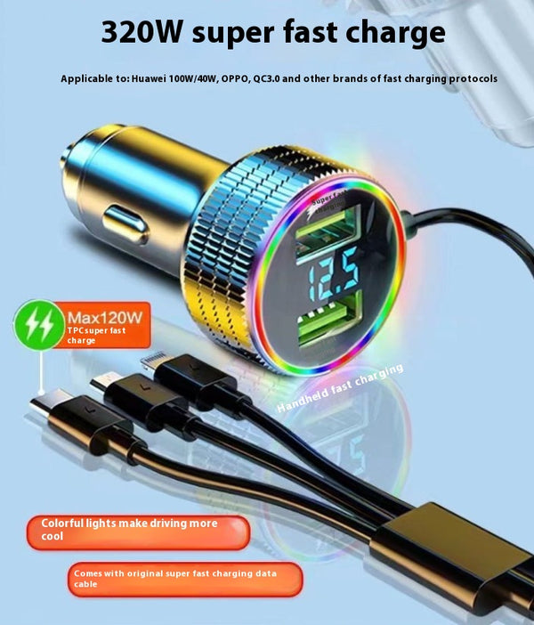 Cargador Rápido para Auto con Luz LED y Cable 3 en 1
