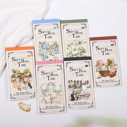 Soft Home Time Series decorative stickers featuring retro-style illustrations of furniture, books, and flowers.