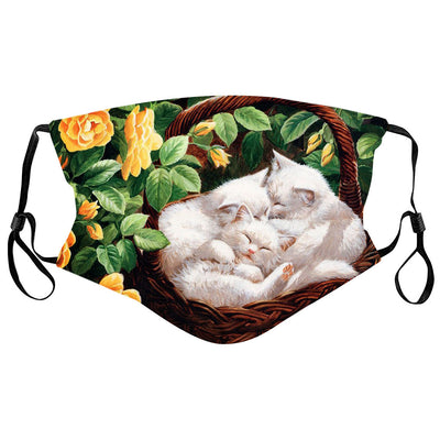 Cotton face mask with a whimsical print of a sleeping cat, a mouse, butterflies, strawberries, and yellow flowers. - Image 11