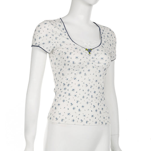 Blusa Manga Corta con Cuello Cuadrado, Pliegues y Moño de Encaje - Image 8