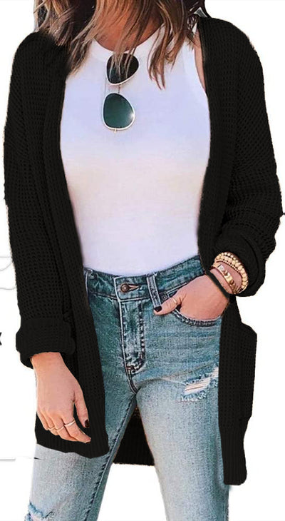 Cardigan Tejido Waffle con Bolsillos y Cuadros en Colores Lisos - Image 4