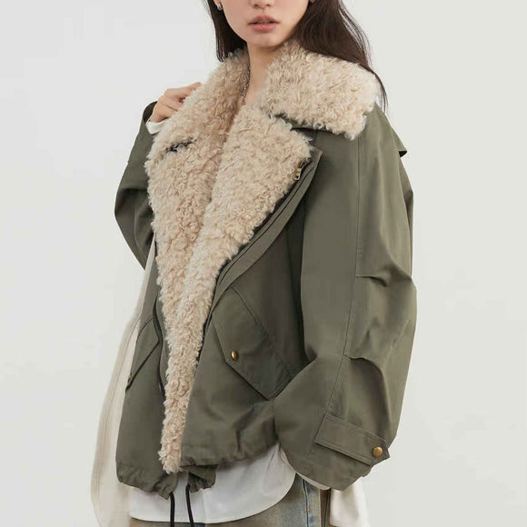 Chaqueta Retro con Cuello de Piel para Mujer
